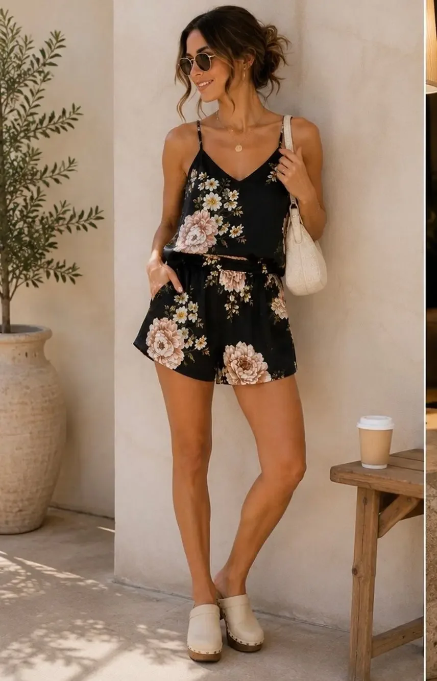 Boutique Black Cream Floral Satin Two Piece Shorts Set V neck set Top M 6 NWT